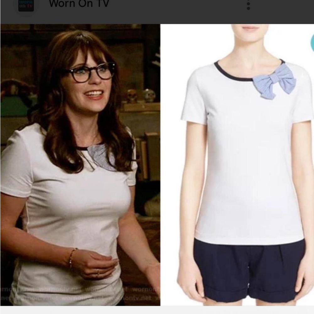 Kate Spade White T-Shirt with Blue Bow Accent ASO Zooey Deschanel S